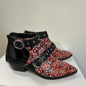 Rebecca Minkoff Cut Out Buckle Ankle Bootie Kianna Black Red Floral Sz 7 EUC